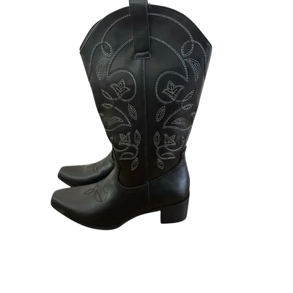 IUV Women’s Size 10 Black Leather Cowboy Cowgirl Boots Embroidered Pointy Toe